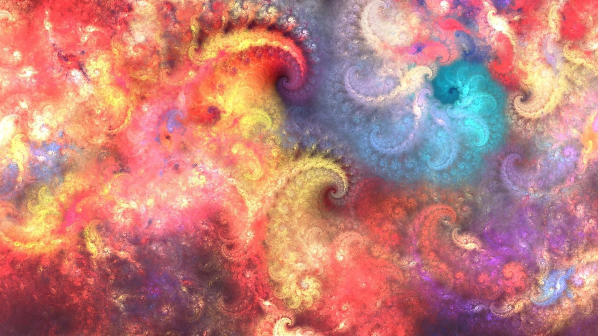 Trippy 3d Art 桌布 壁紙 — 火紅、黃色和冷藍色調中充滿活力的漩渦分形圖案，創造出動態的宇宙色彩之舞。