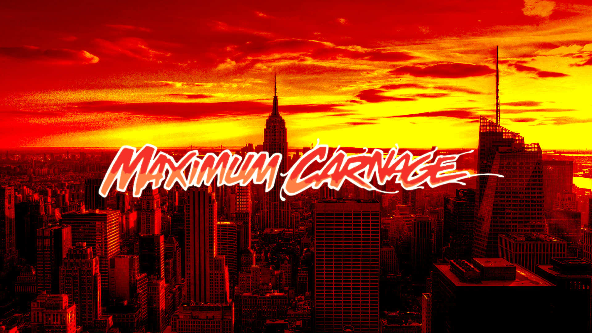 Maximum Carnage 桌布 壁紙 — 火紅和橙色的日落覆蓋著密集的城市景觀，並疊加了粗體文字「MAXIMUM CARNAGE」。