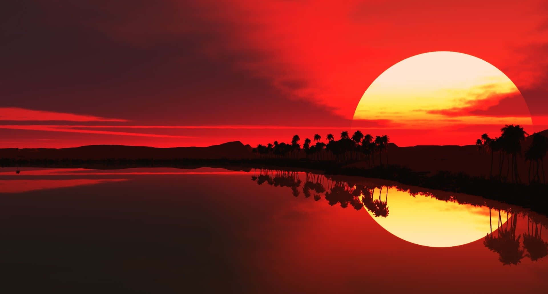 Beautiful HD 桌布 壁紙 — 火紅的夕陽在平靜的水面上投射出閃爍的倒影，棕櫚樹和遠山的輪廓清晰可見。