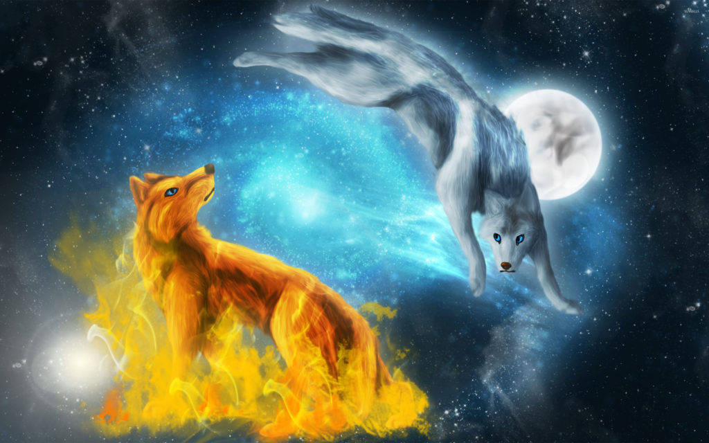 一隻被火焰包圍的狐狸面對著一隻在滿月星空下跳躍的狼。
