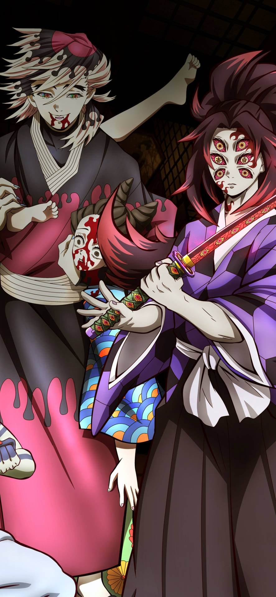 兩個在黑暗房間中帶有臉部彩繪和劍的動漫惡魔角色。