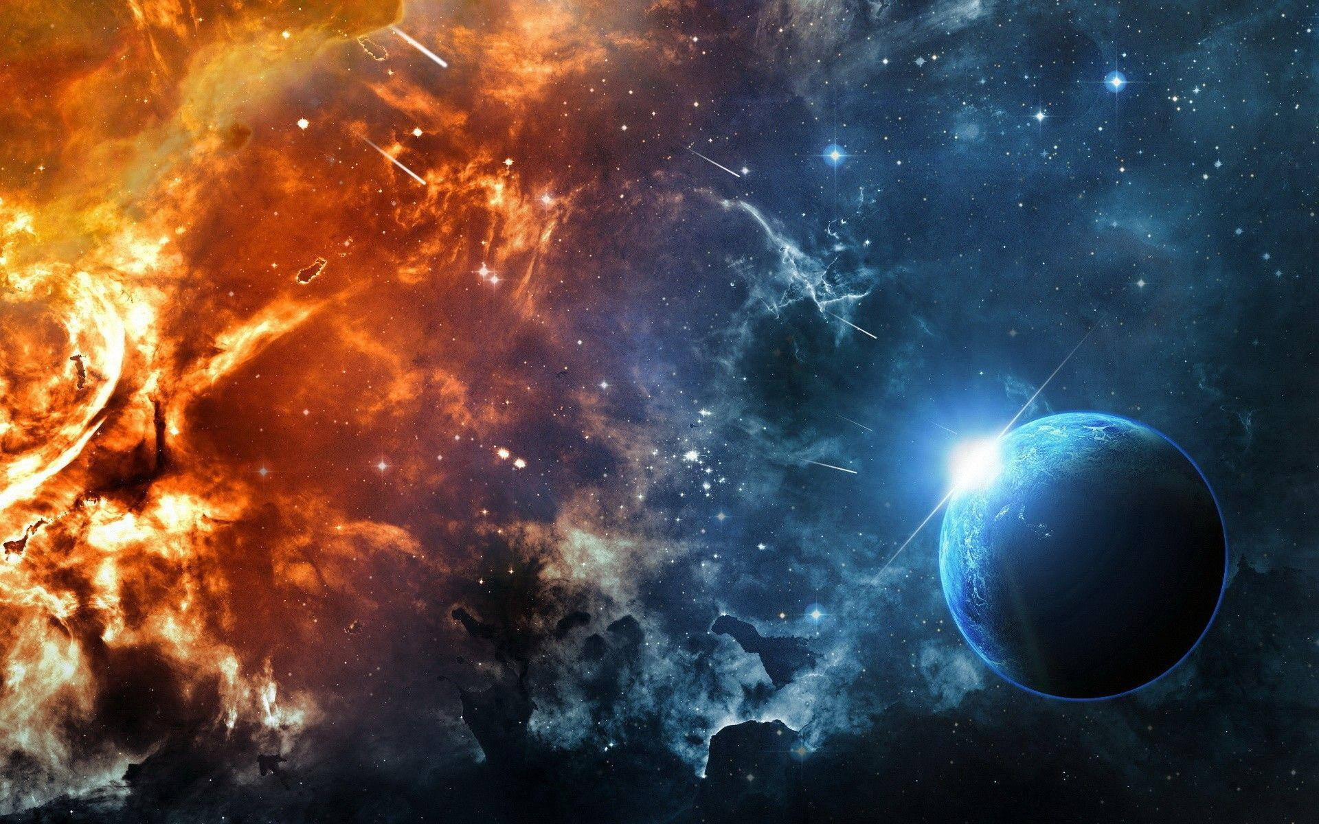 一顆藍色行星在深空中圍繞熾熱的橙色星雲和閃爍的星星運行。