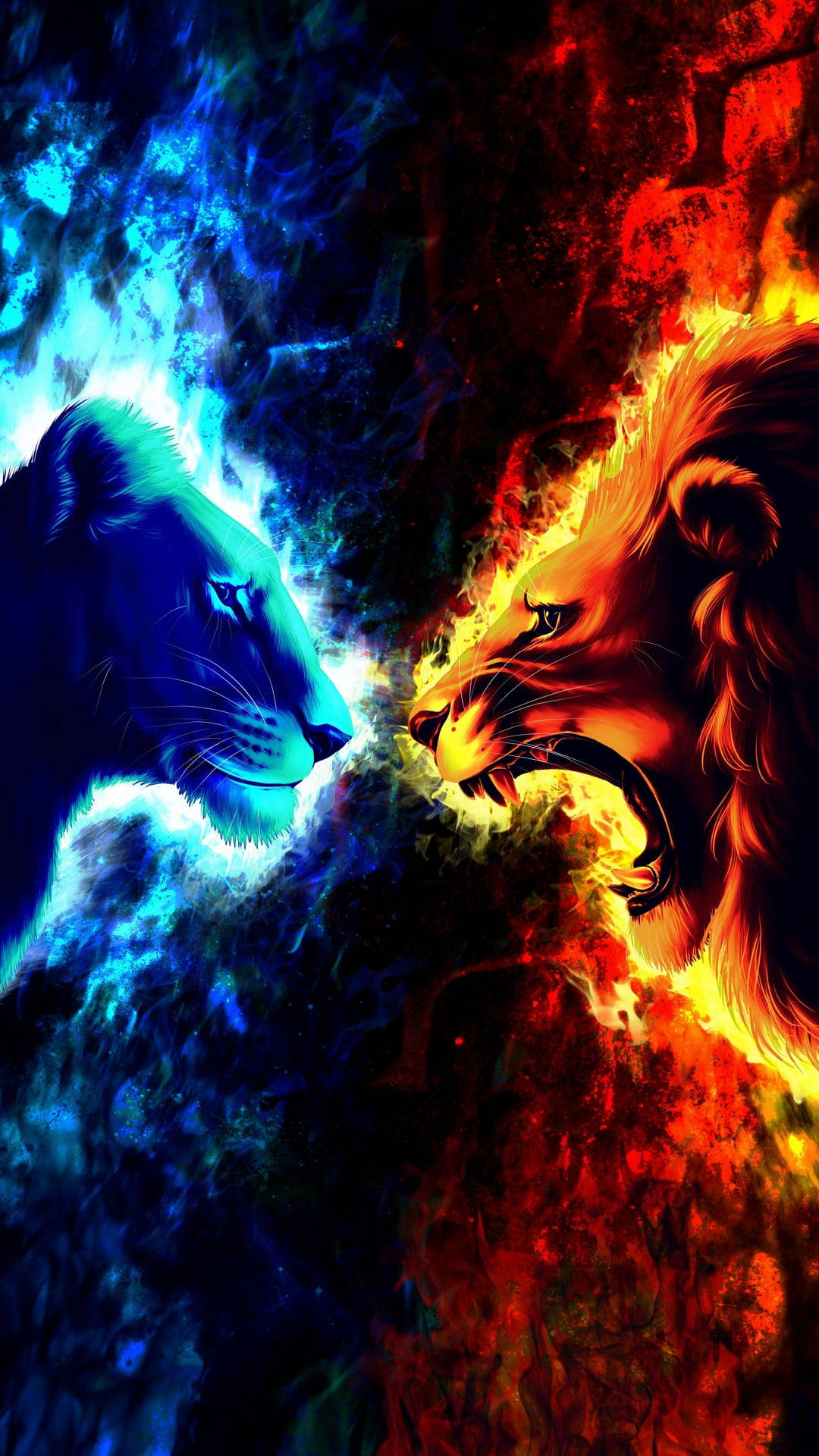 兩頭獅子——一藍一紅——在冰火交織的戰鬥中對視。