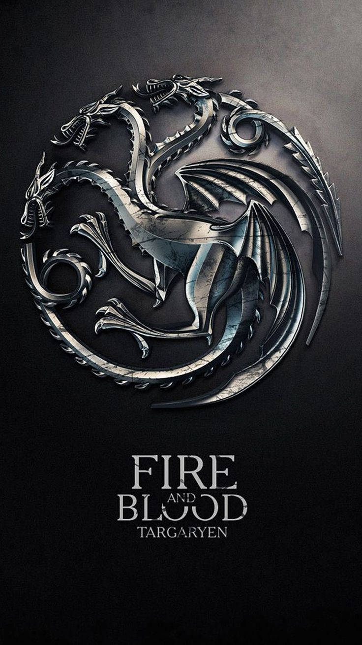 三頭龍徽章，深色背景上帶有 'Fire and Blood Targaryen' 文字。