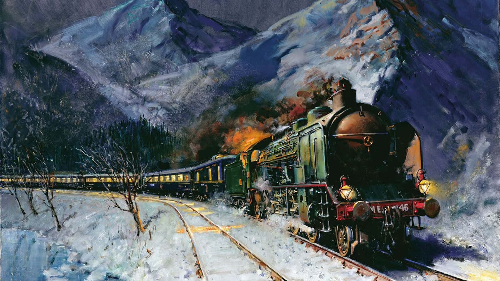 蒸汽火車在夜間穿過雪山，車頭燈閃閃發光。