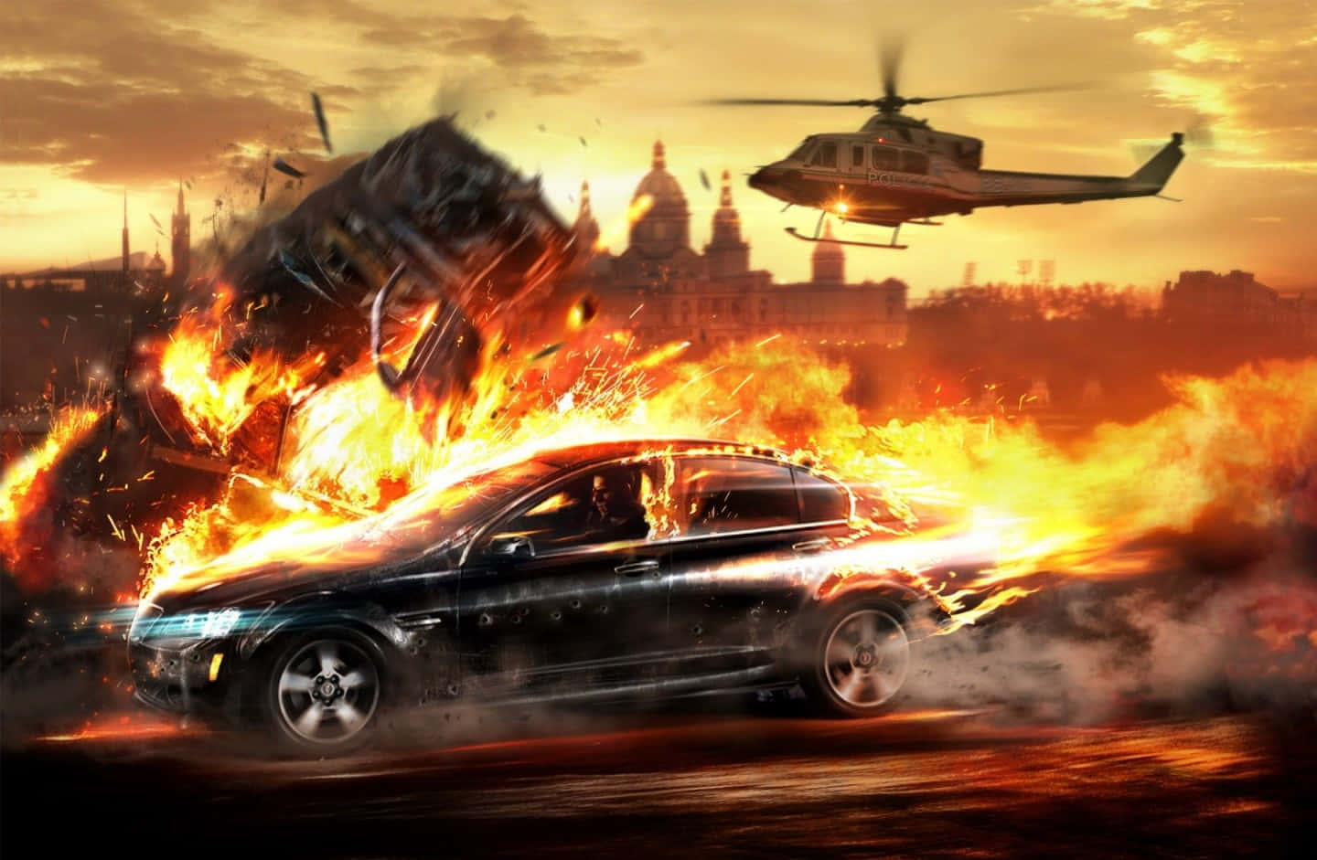 黑色汽車在熾熱爆炸中疾馳，直升機在上方盤旋。