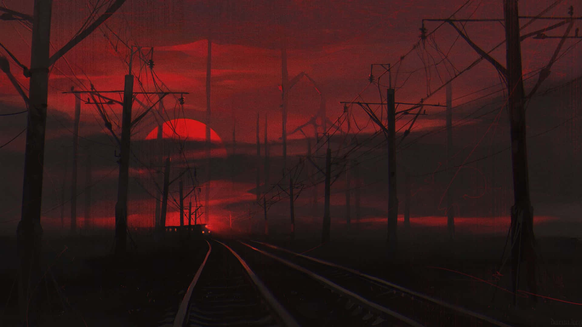 火車鐵路美學紅色背景 壁紙 — 一個令人毛骨悚然的紅色日落，將詭異的光芒投射在廢棄的鐵路軌道上，軌道兩旁豎立著像骷髏般的電線桿。