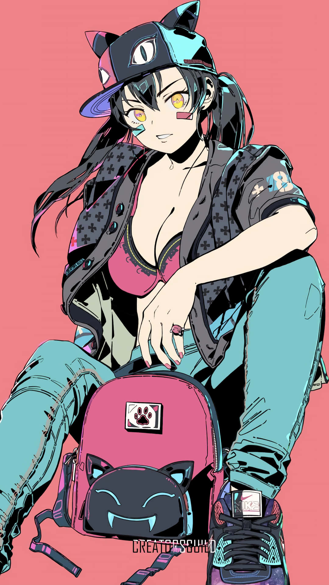 動漫女孩戴貓耳和背包在粉紅背景前擺姿勢
