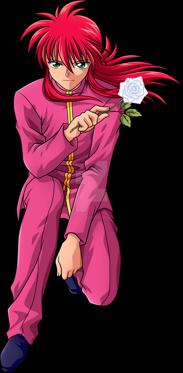 火野紅葉手持白玫瑰 壁紙 — 一個紅髮動漫角色穿著粉紅色服裝跪著，手持一朵白玫瑰，背景為黑色。