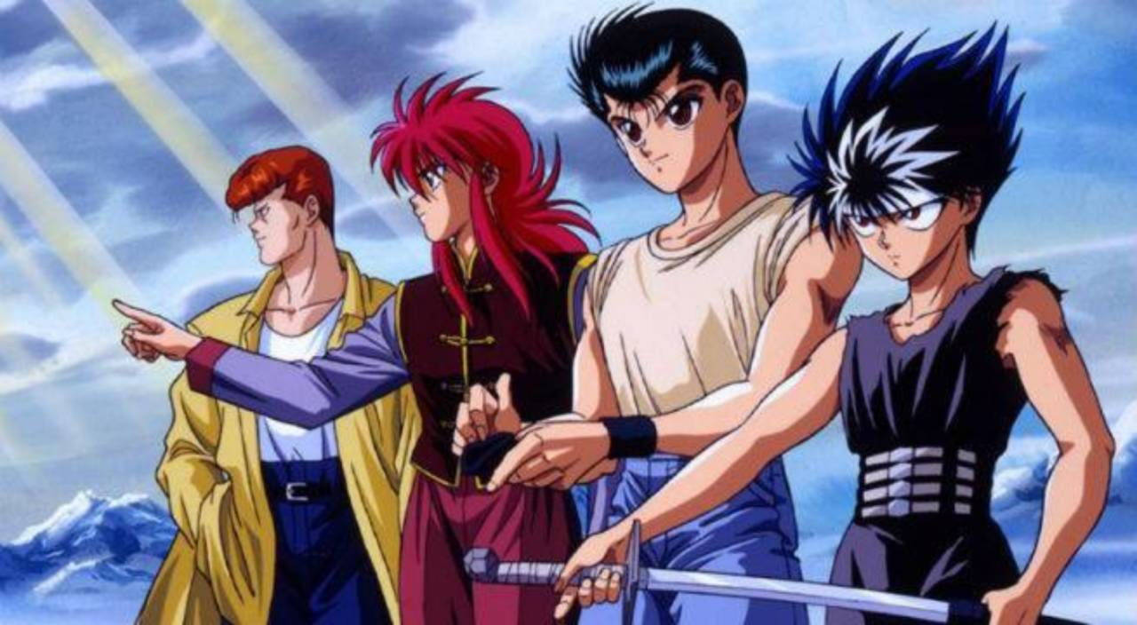 火野紅葉與幽遊白書隊伍 壁紙 — 四位動漫戰士在暴風雨的天空下傲然挺立，鋸齒狀的閃電照亮了他們堅定的表情。