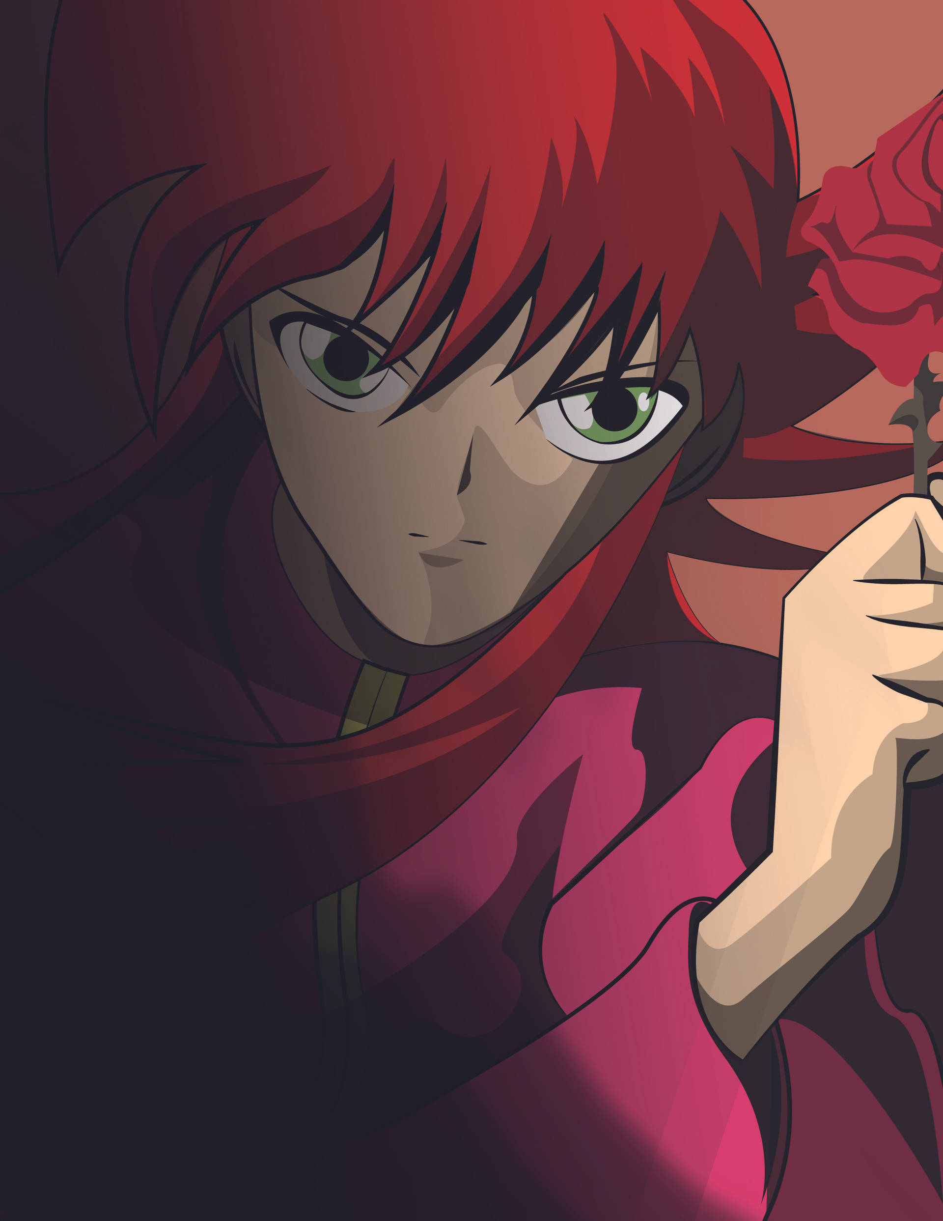 火野紅葉身後有影 壁紙 — 一位紅髮綠眼的動漫女孩在黑暗背景中手持玫瑰。