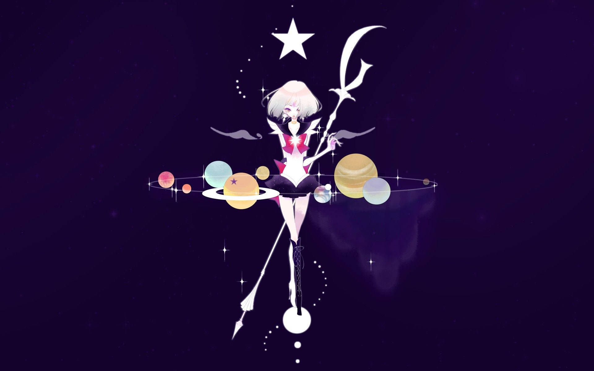 白髮動漫女孩，手持新月杖，被太空中的行星和星星環繞。