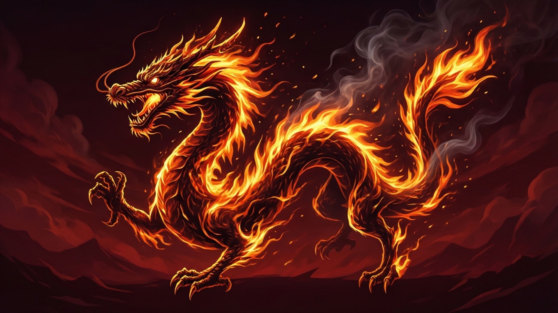火龍剪影 壁紙 — 一頭雄偉的火焰巨龍，擁有發光的橙色鱗片和旋轉的火焰，在暗紅色的暴風雨天空中咆哮。