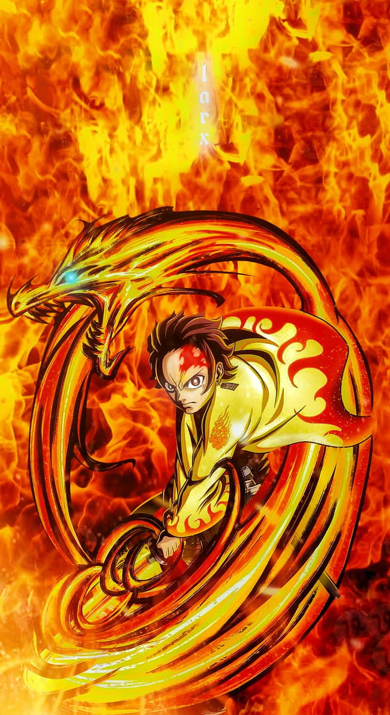 火龍劍 Tanjiro Kamado PFP 壁紙 — 一個火熱的動漫戰士，一條龍纏繞在他身上，置身於熊熊火焰和發光的餘燼中。