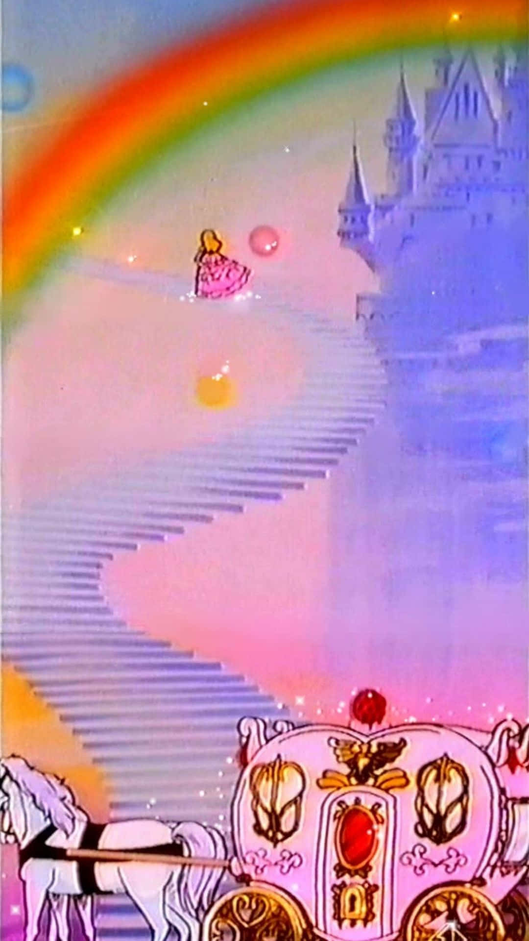 灰姑娘 80年代美學 iPhone 主畫面 壁紙 — 一個異想天開的動漫場景，一輛粉紅色馬車由白馬拉著，沿著發光的樓梯上升，朝向一座城堡，上方有鮮豔的彩虹。