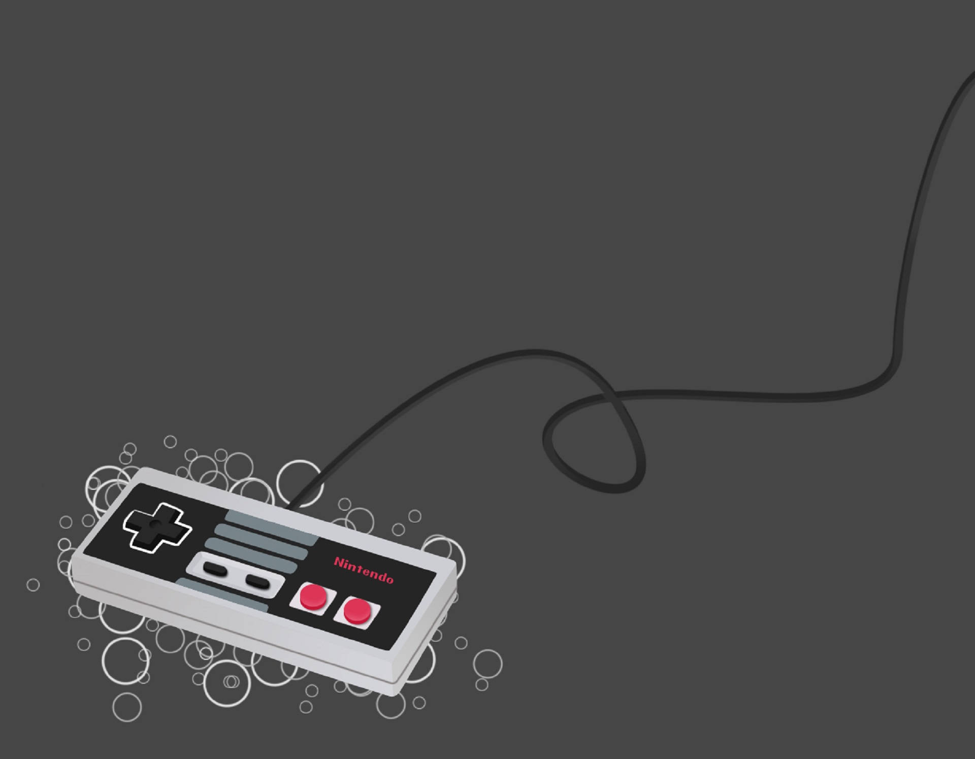 灰底Nes控制器特寫 壁紙 — 一個經典的Nintendo NES控制器，帶有紅色按鈕和黑色電線，放置在深灰色背景上，周圍環繞著白色氣泡。