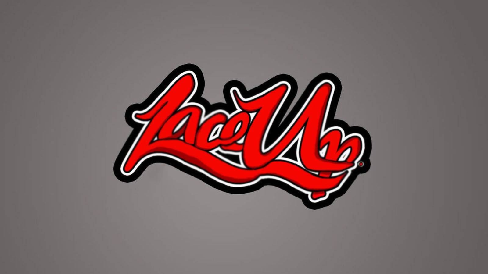 灰色背景上帶有黑色和白色輪廓的紅色風格化 Lace Up 標誌。