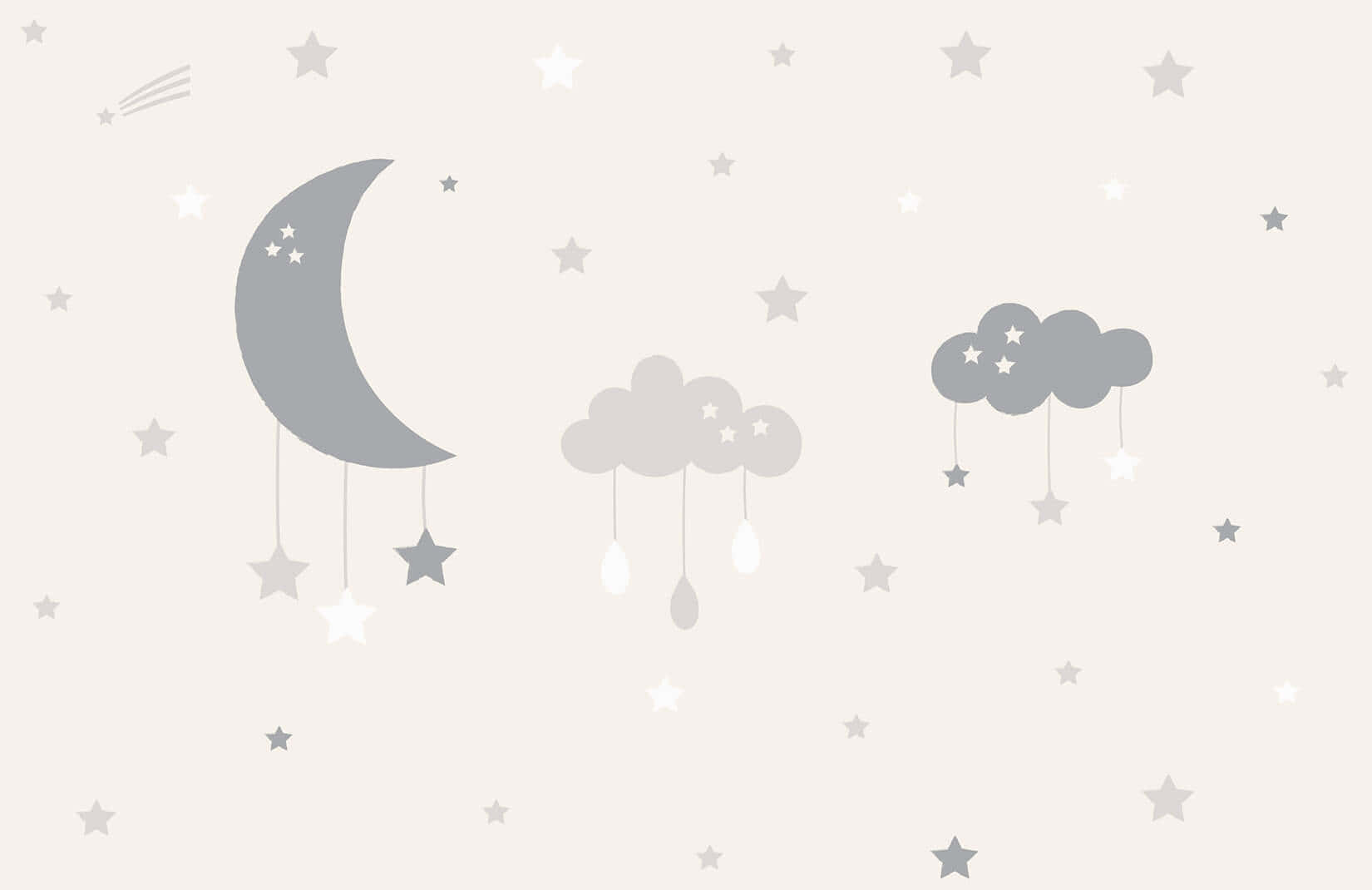 柔軟灰色的月亮雲朵、星星和雨滴漂浮在淺色背景上。