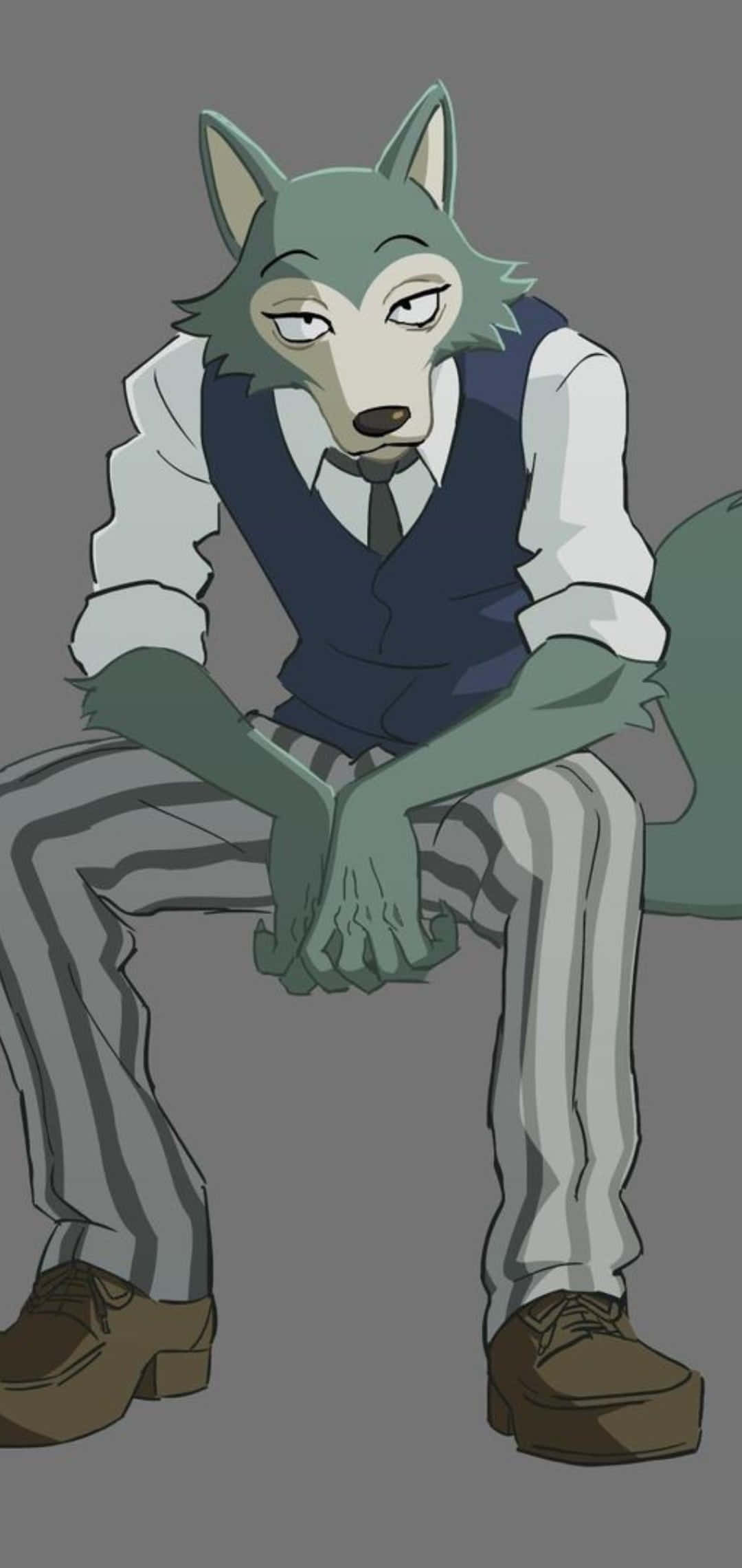「灰狼的怒吼」 壁紙 — 一隻疲憊的綠色毛髮擬人化狼，穿著背心和條紋褲，癱坐著雙手交握，眼睛半閉，背景是純灰色。