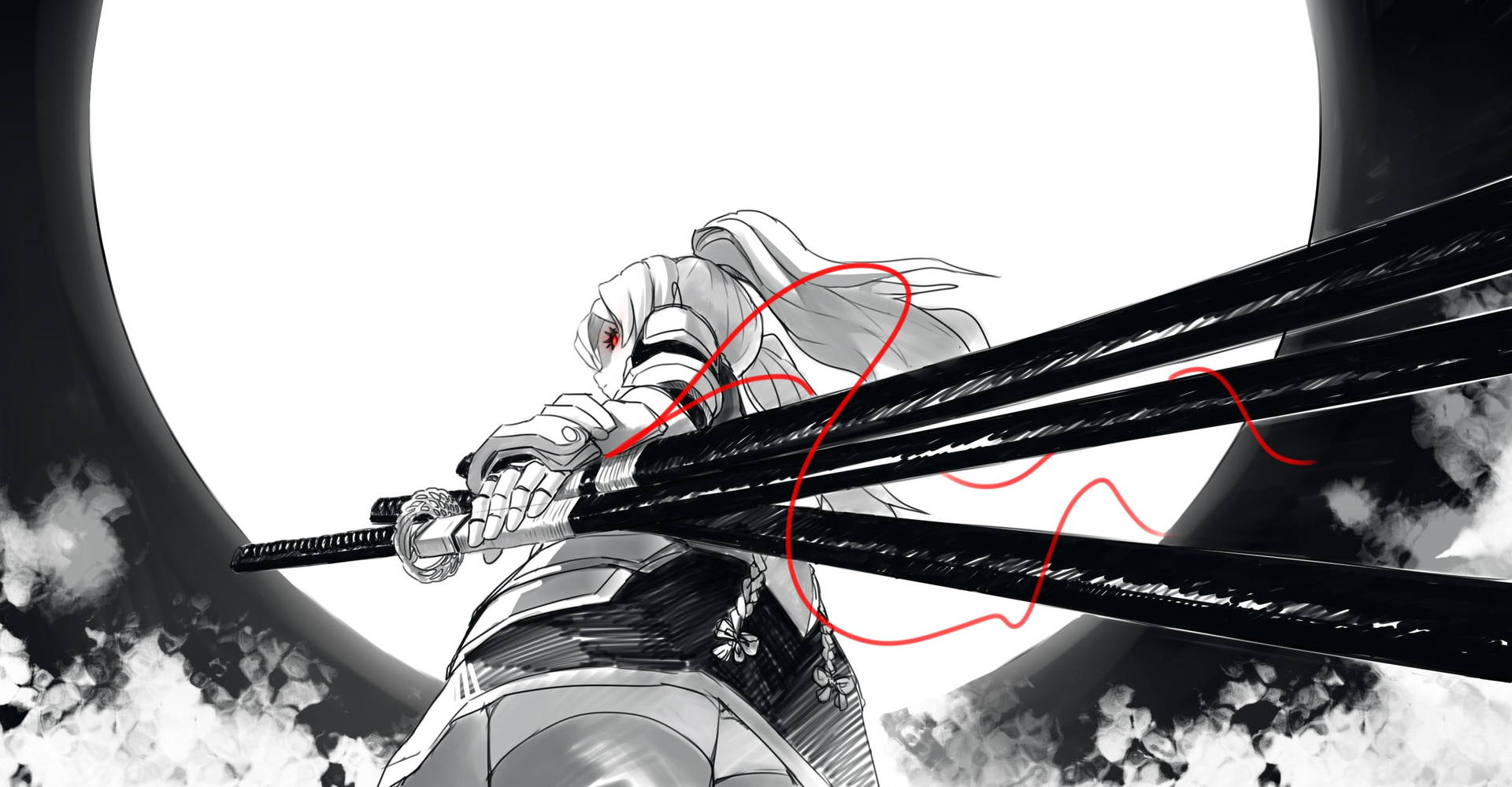灰白髮少女持三劍 壁紙 — 一個風格化的動漫戰士握著一把武士刀，面對一個清晰的圓形虛空，周圍有紅色能量線旋轉。