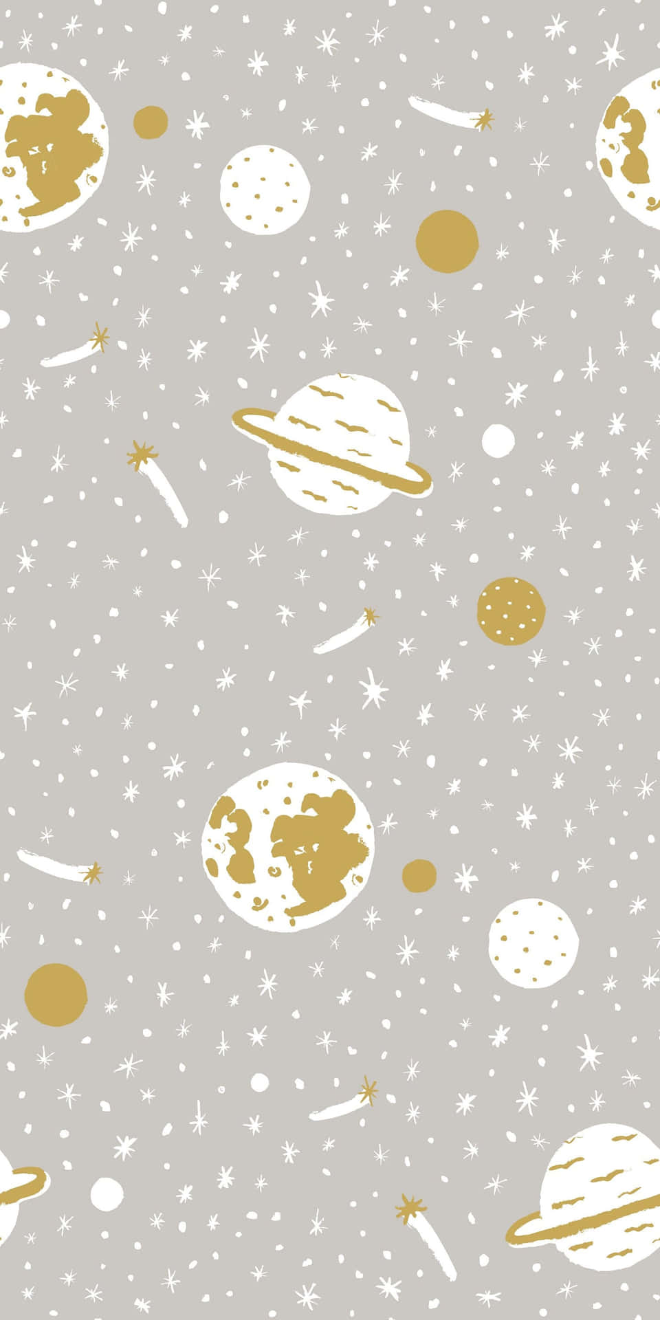 灰色背景上帶有金色和白色行星、彗星和星星的星空壁紙。