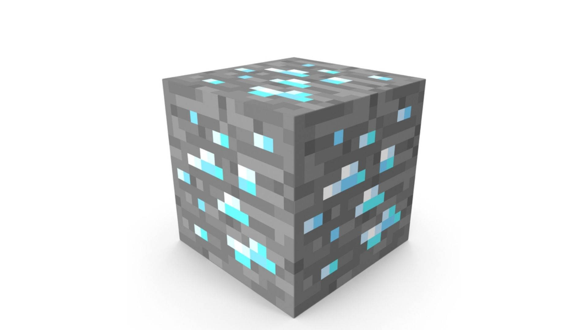 灰色 Minecraft 鑽石礦石 壁紙 — 一個像素化的灰色立方體，表面嵌有發光的青色方塊，孤立地立在白色背景上。