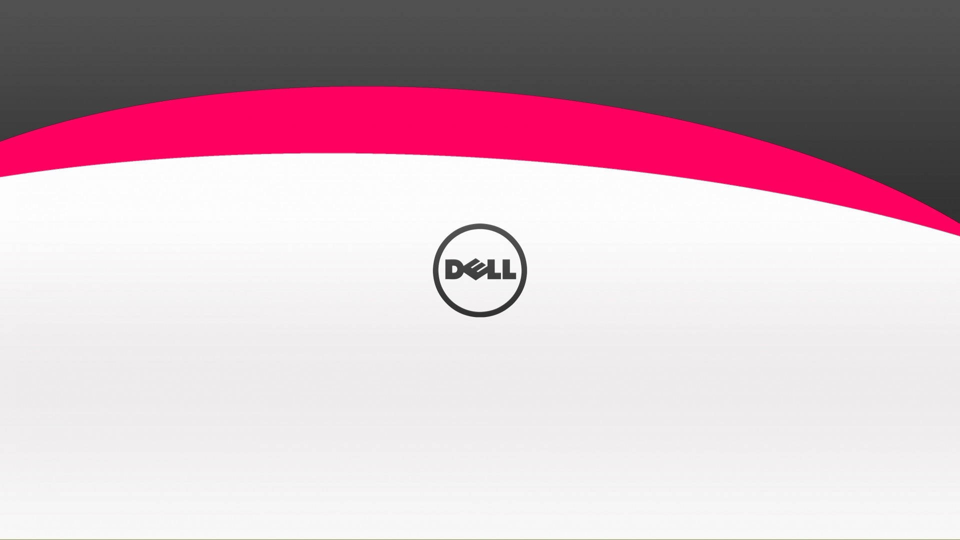 灰色Dell HD標誌 壁紙 — 一個極簡風格的Dell標誌，居中於白色背景上，上方有一條大膽的粉紅色彎曲條紋，頂部為深灰色。