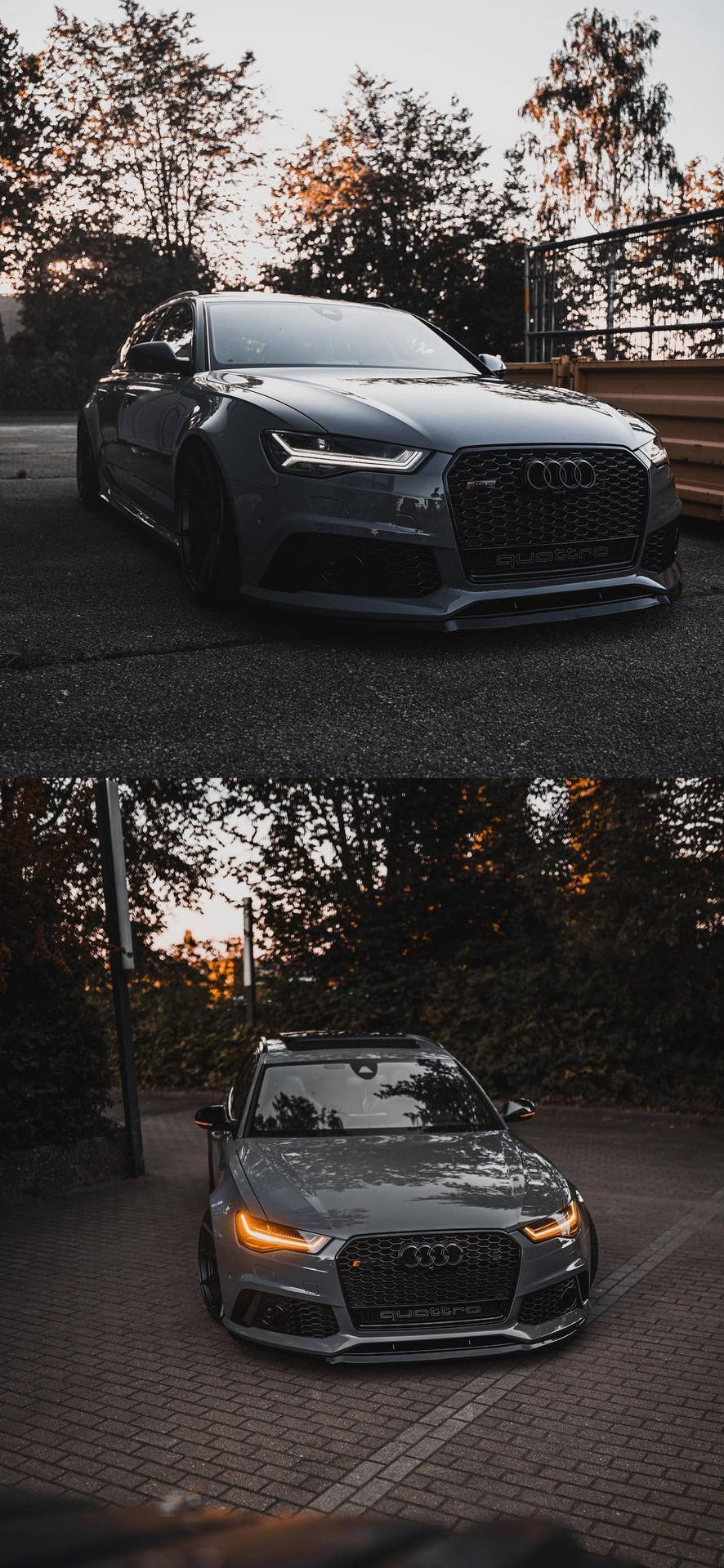 灰色奧迪RS6在黃昏時停泊，車頭燈亮起，背景有樹木。