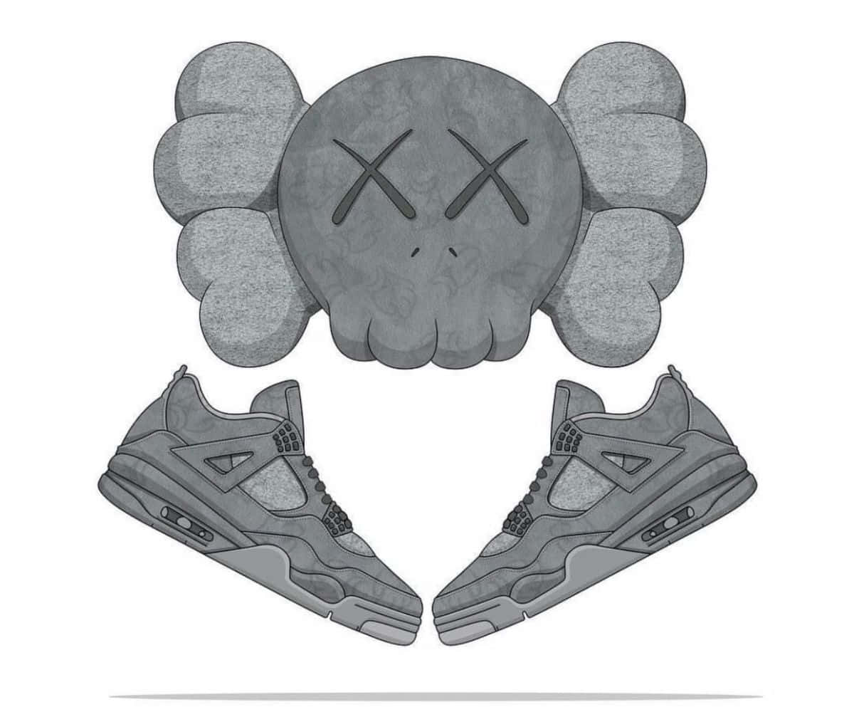 Kaws X Air Jordan 桌布 壁紙 — 灰色KAWS骷髏頭配雲朵耳朵，位於一對灰色Air Jordan 4運動鞋上方的單色插圖。