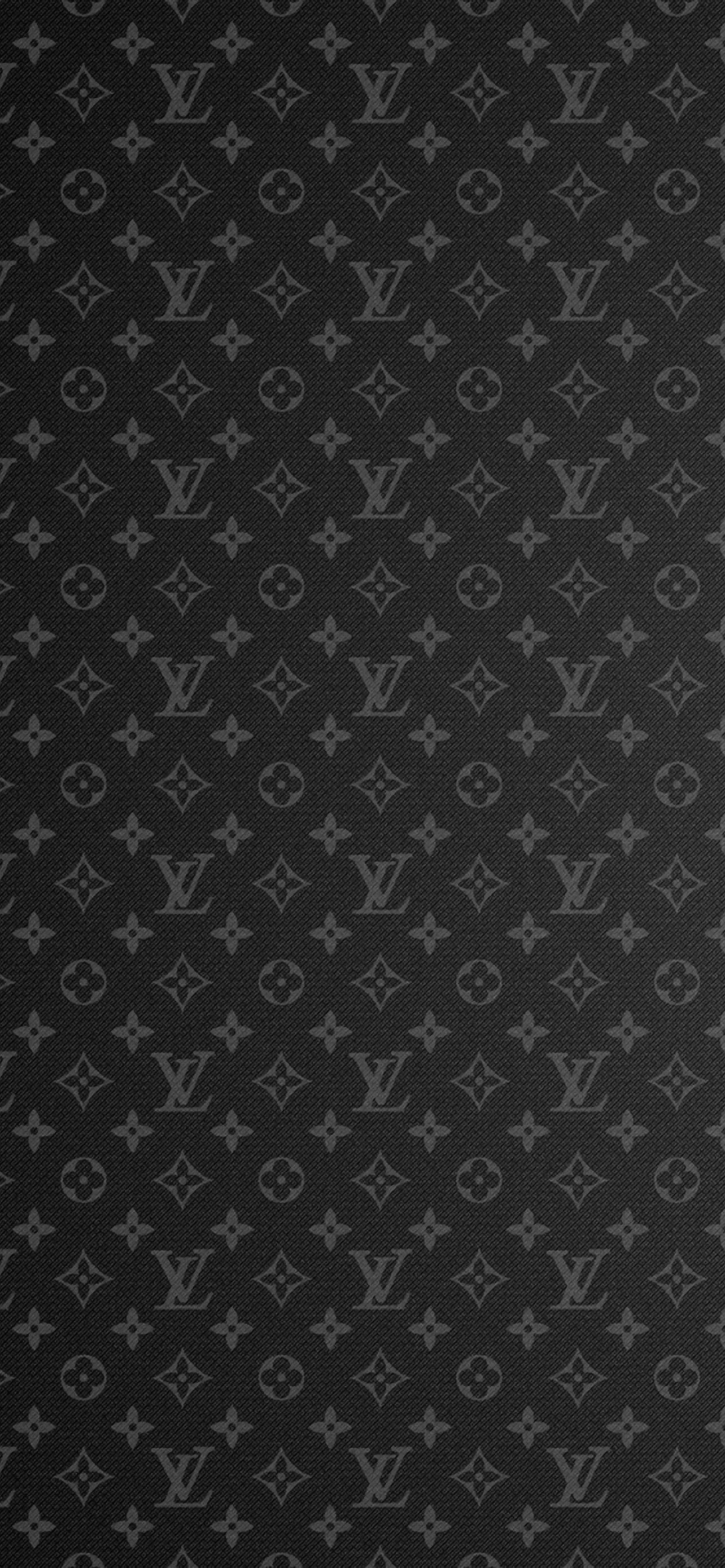 路易威登 桌布 壁紙 — 灰色Louis Vuitton標誌重複的字母組合圖案，位於帶紋理的黑色背景上。