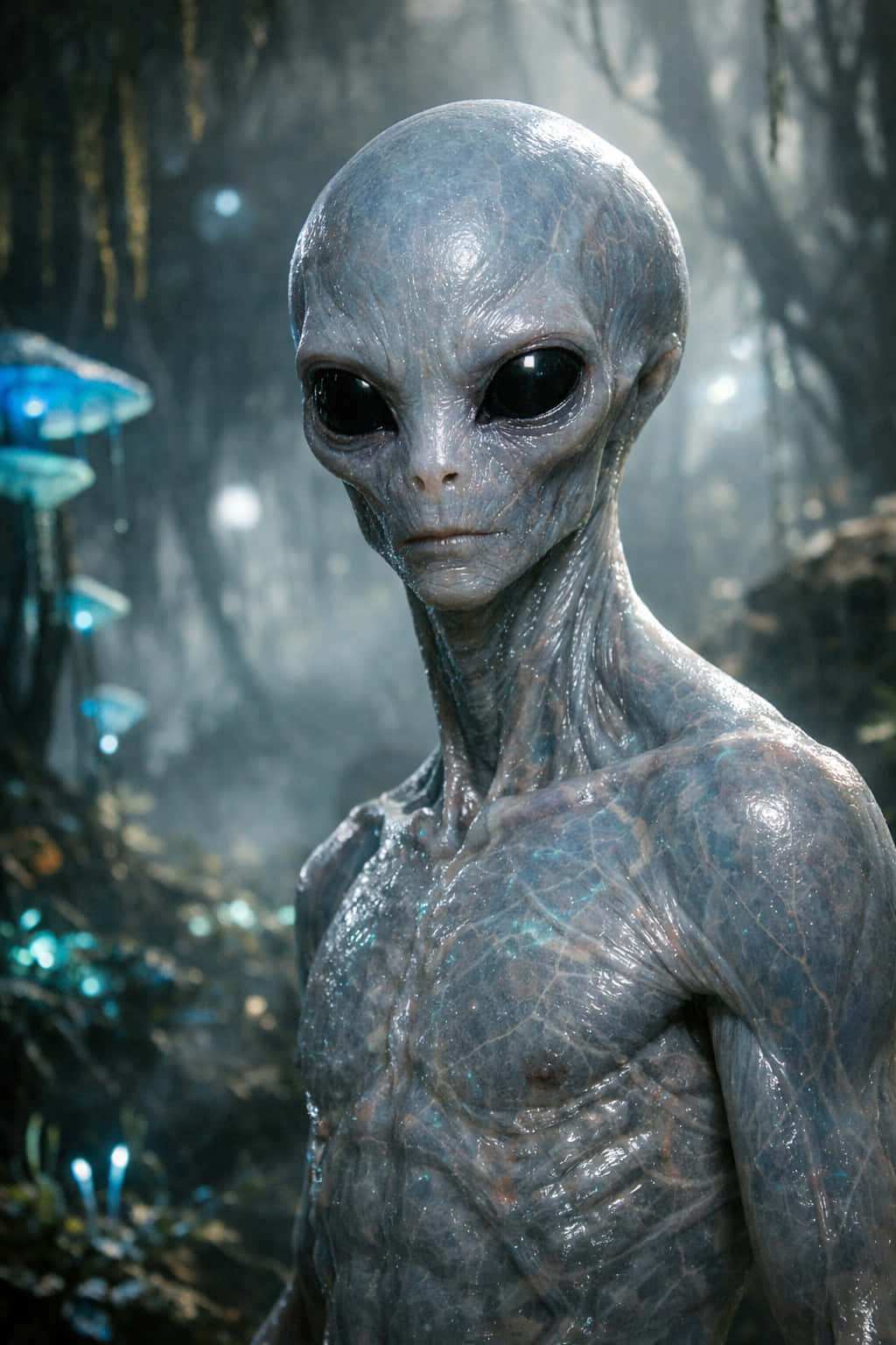 灰色外星人 壁紙 — 一個灰色皮膚、黑色大眼睛的外星人站在一個有發光藍色真菌的霧氣森林中。