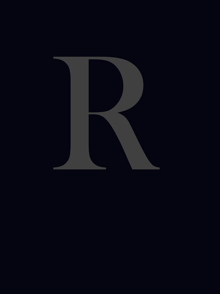 灰色字母R 壁紙 — 一個大型簡約灰色字母R，居中於純黑色背景上。