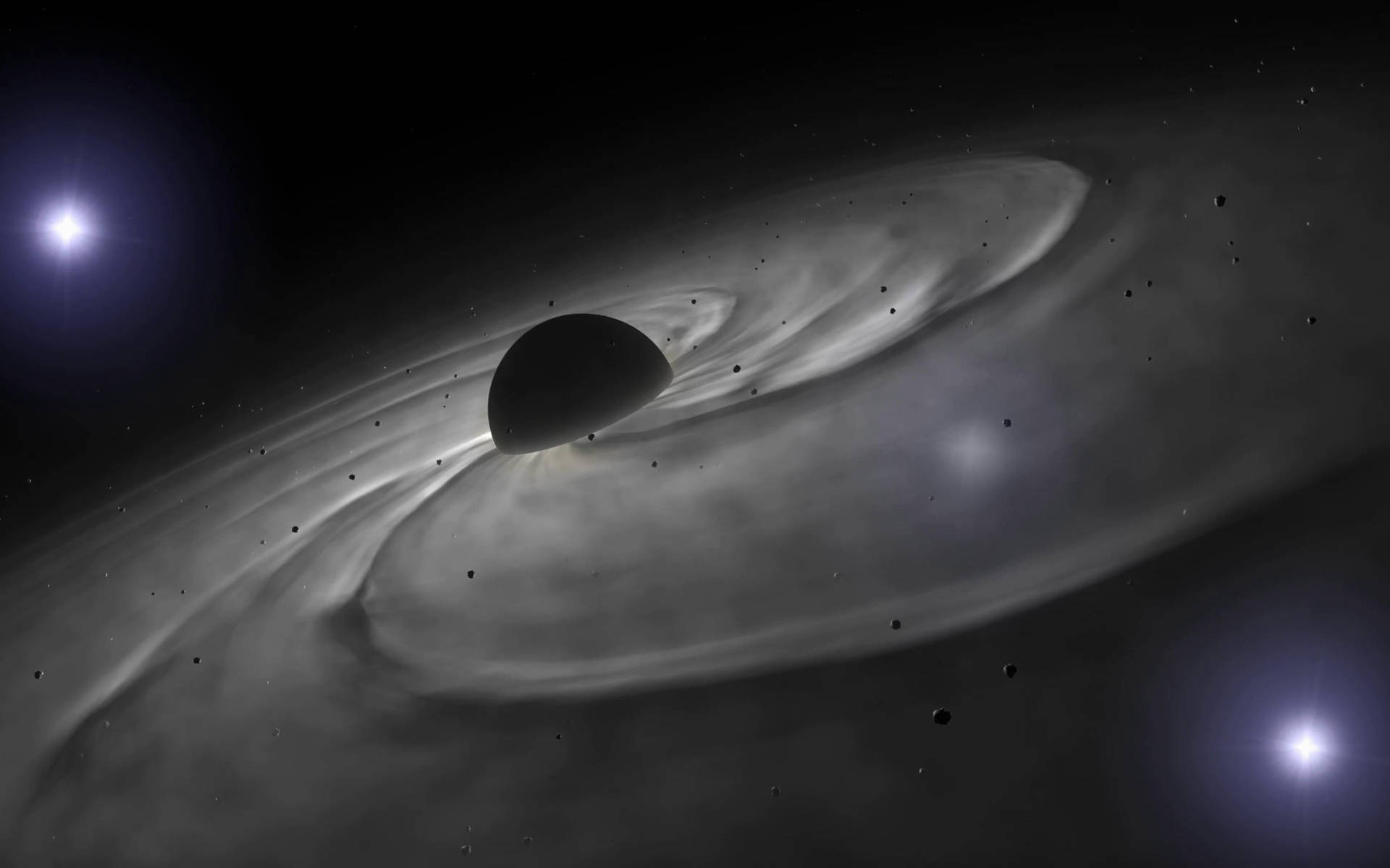 灰色宇宙中的黑色行星 壁紙 — 一個宇宙黑洞，帶有旋轉的吸積盤，由兩顆明亮的恆星在星場中照亮。