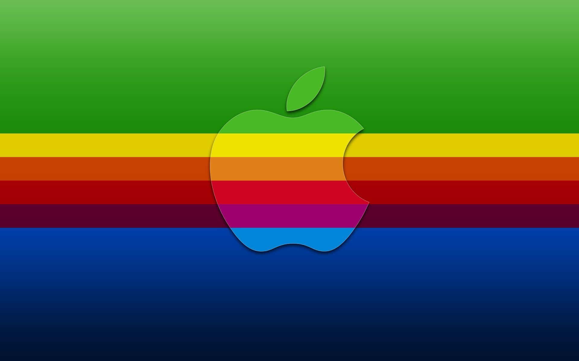 灰色復古蘋果標誌 壁紙 — 一個復古的Apple標誌，帶有彩虹條紋，背景由綠色漸變到藍色。