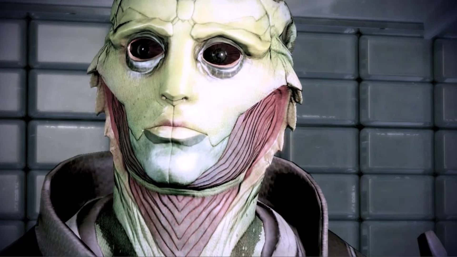 Thane Krios 桌布 壁紙 — 灰色瓷磚牆背景下，一個戴著兜帽、擁有巨大黑色眼睛和暴露粉色肌肉組織的蒼白外星人特寫。