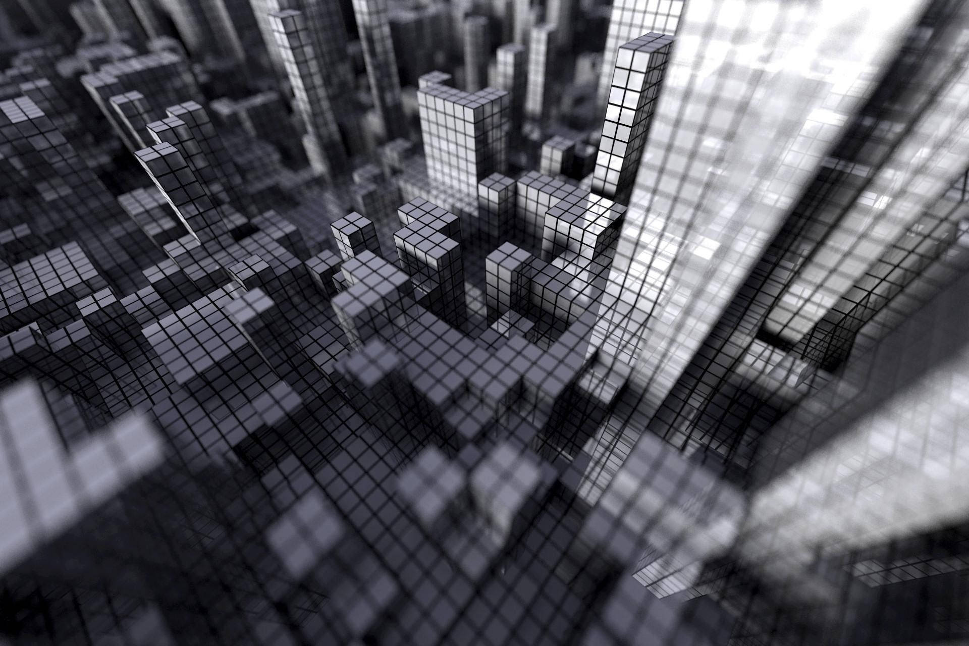 抽象黑白3D渲染城市，帶有網格圖案的摩天大樓。