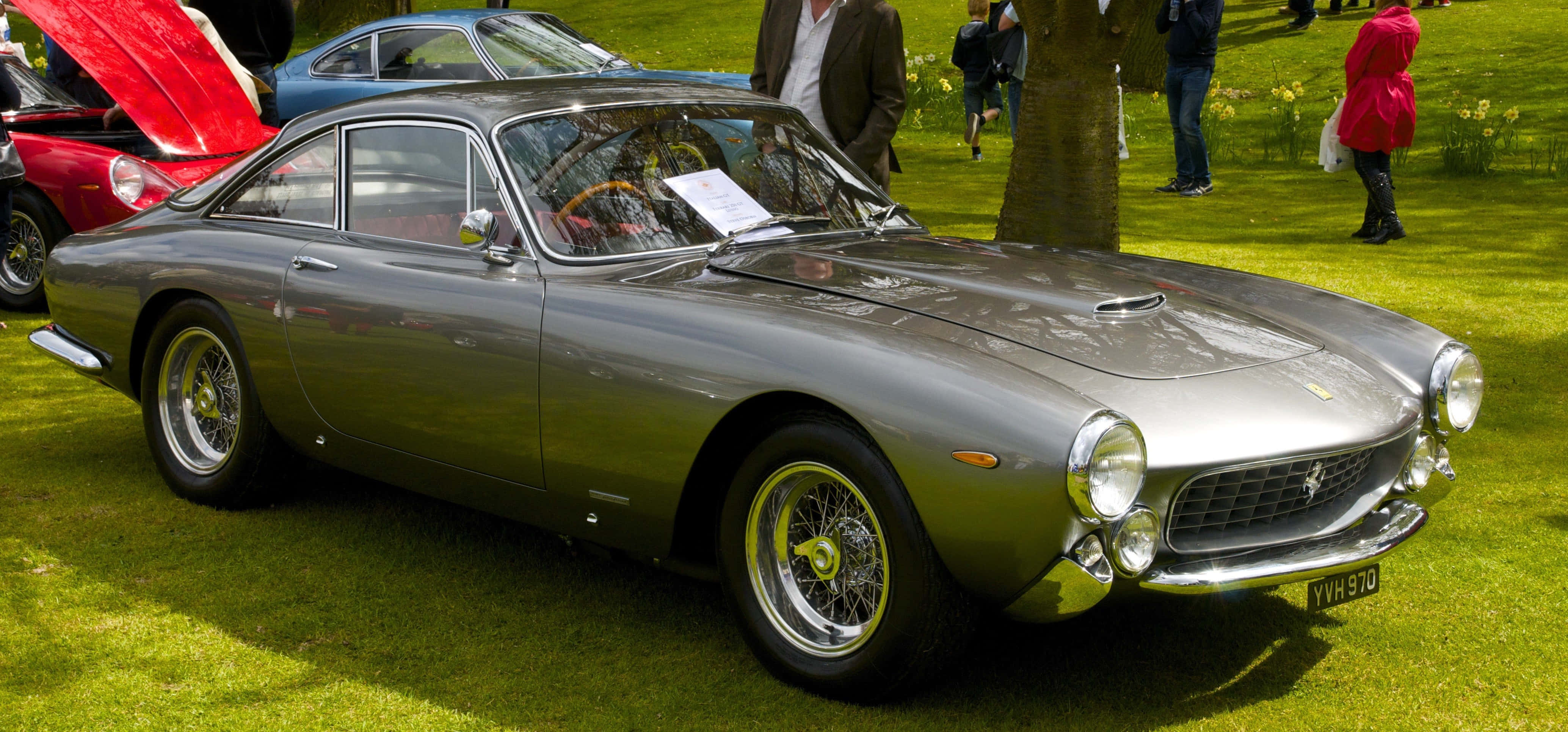 灰色經典法拉利250 GT Lusso 壁紙 — 一輛時尚的銀色經典法拉利跑車在戶外車展上閃耀在鮮綠的草地上，人們正在欣賞它。