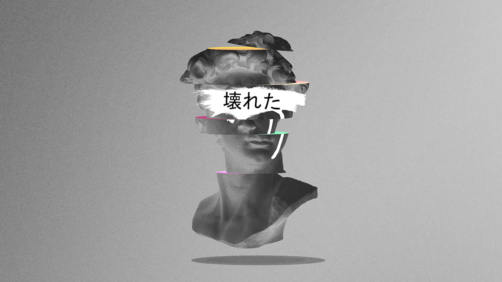 一個破損的古典半身像，帶有日文字元和故障效果。