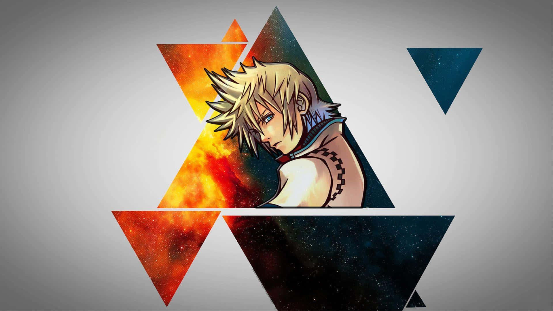 Kingdom Hearts Ventus 桌布 壁紙 — 灰色背景上，由熾熱星際宇宙三角形框住的尖刺金髮動漫角色。