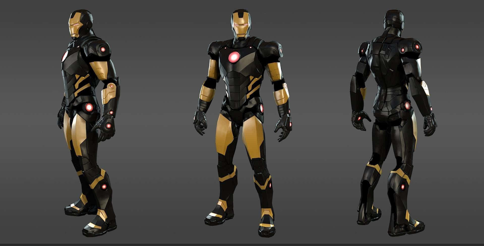 Iron Man Suit 桌布 壁紙 — 灰色背景上，黑色和金色裝甲服的三個視圖，帶有發光的紅色點綴。
