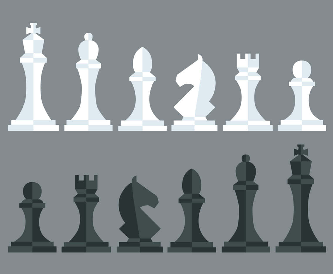 Black And White Chess 桌布 壁紙 — 灰色背景上兩排白色和黑色國際象棋棋子的極簡平面設計。
