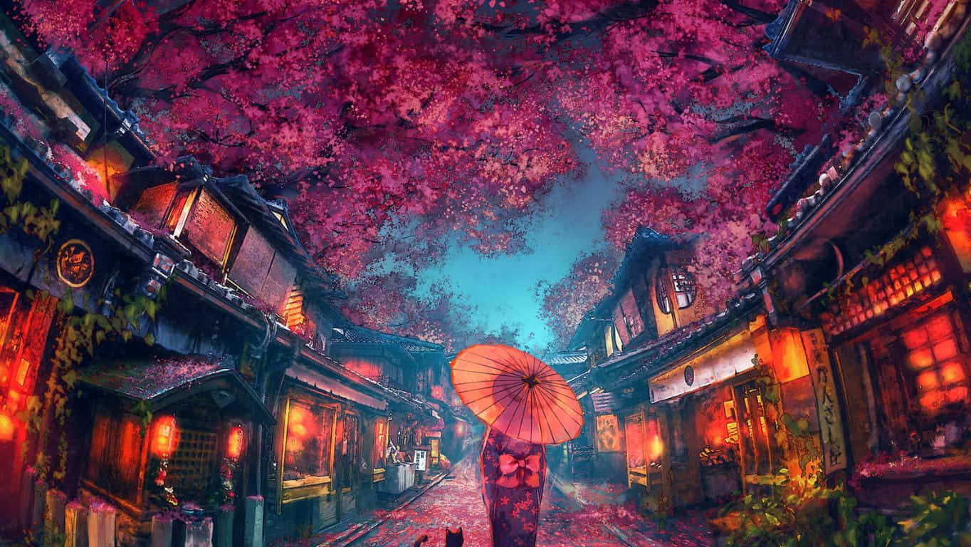 夜晚在燈籠照亮的日本街道上，櫻花樹冠下撐傘的人