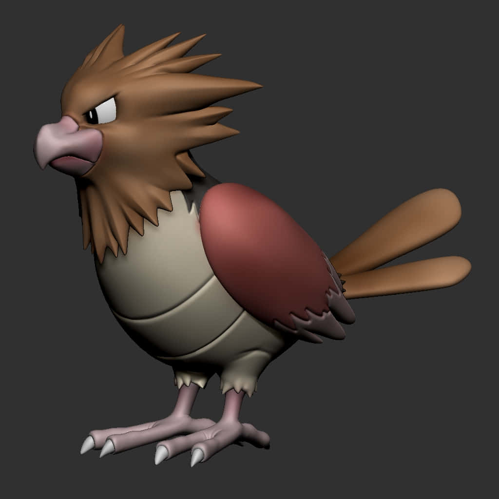 灰色背景的3D寶可夢箭頭鳥 壁紙 — 一隻3D渲染的卡通鳥，擁有尖刺的棕色羽毛和嚴肅的表情，站在深灰色背景前。