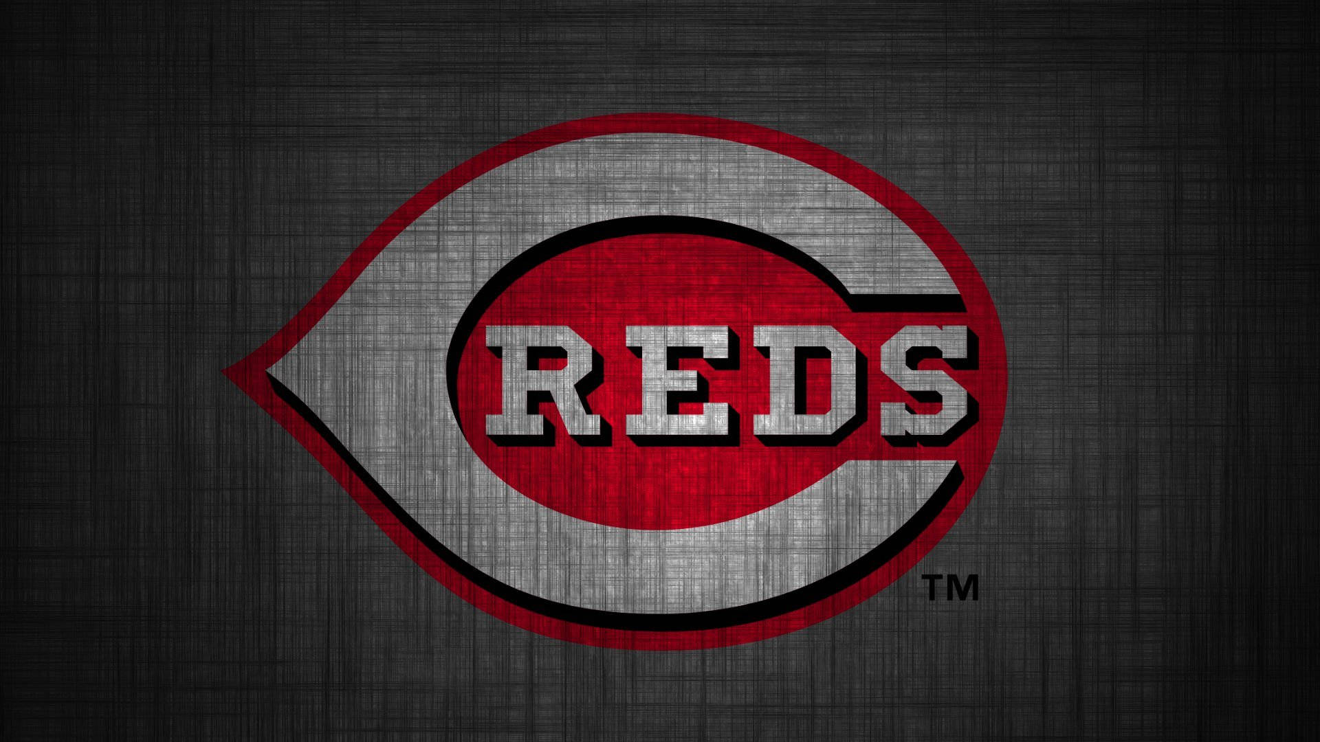 灰色背景辛辛那提紅人隊標誌 壁紙 — Cincinnati Reds 棒球標誌，以紅色、銀色和黑色呈現，背景為帶紋理的深灰色。