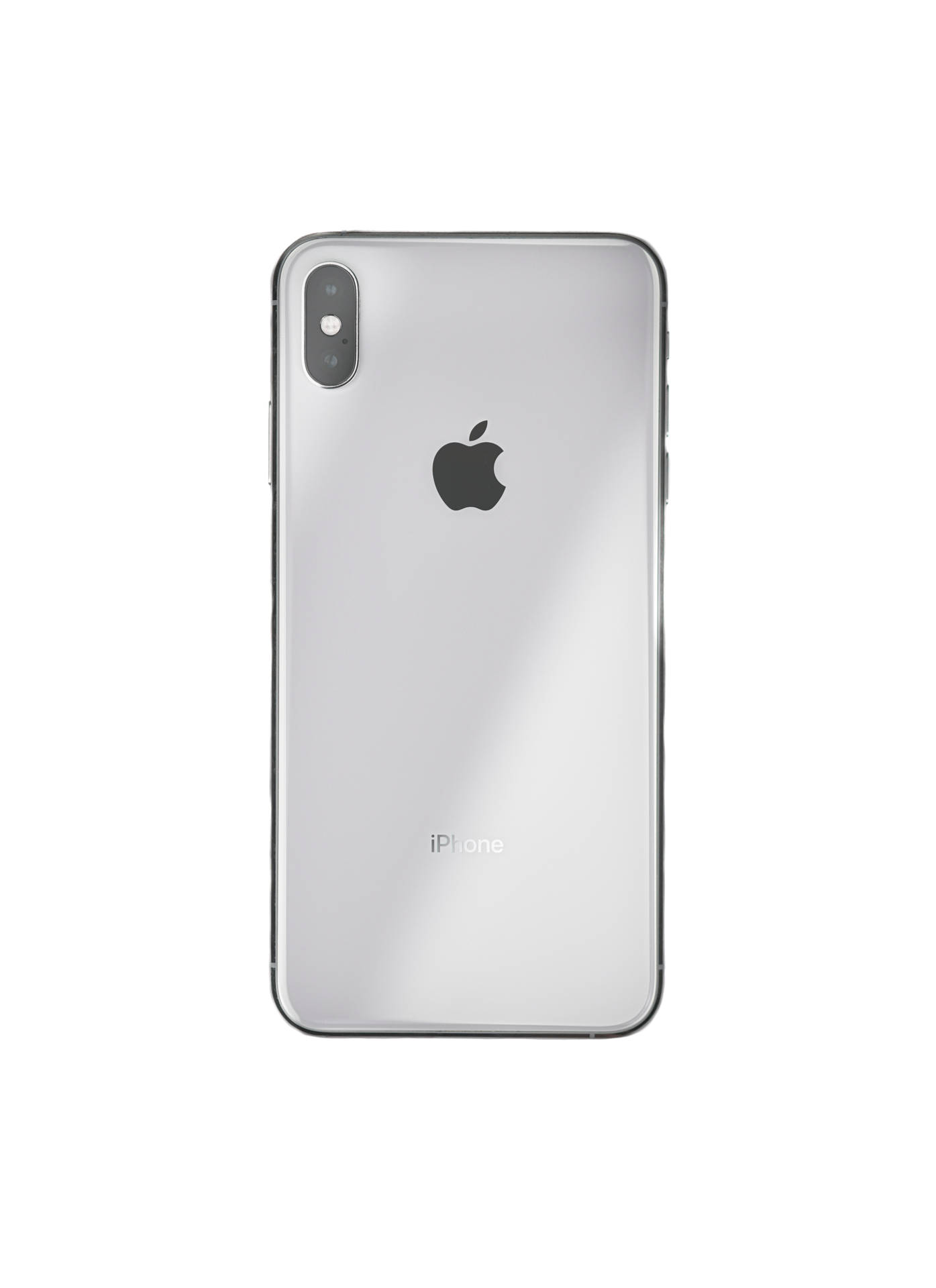 銀色iPhone X背面，帶有Apple標誌和雙攝像頭，白色背景。