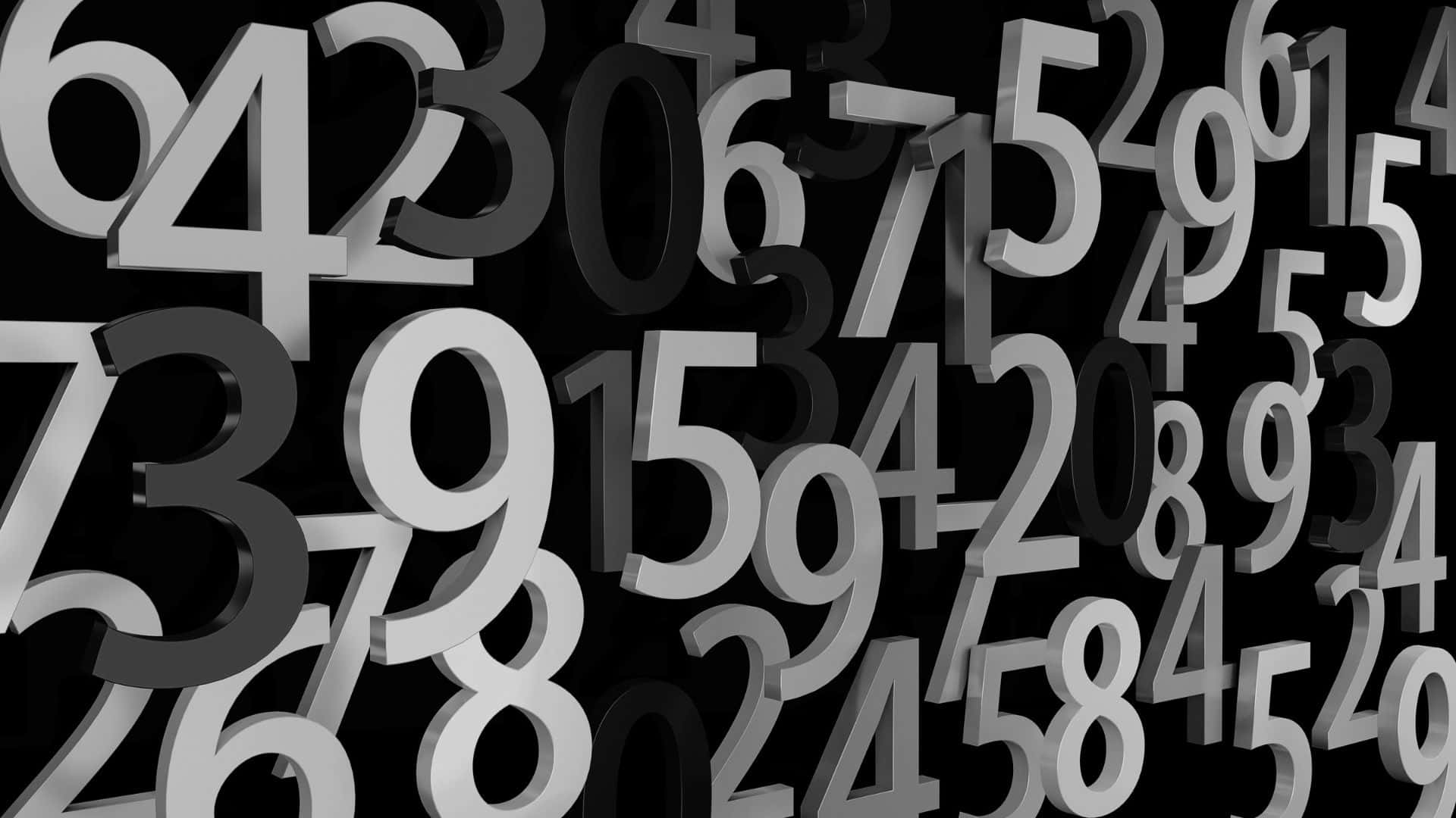 Black And White Number 桌布 壁紙 — 灰色調的浮動3D數字在黑色背景上懸浮，形成動態抽象的數位圖案。