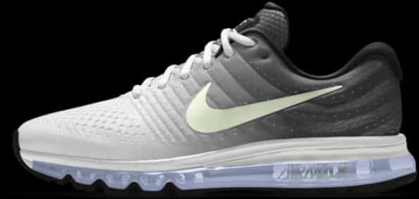 灰色跑鞋配氣墊 壁紙 — 一雙時尚的白色和灰色Nike Air Max運動鞋，帶有發光的螢光綠色勾勾和透明氣墊鞋底，背景為黑色。