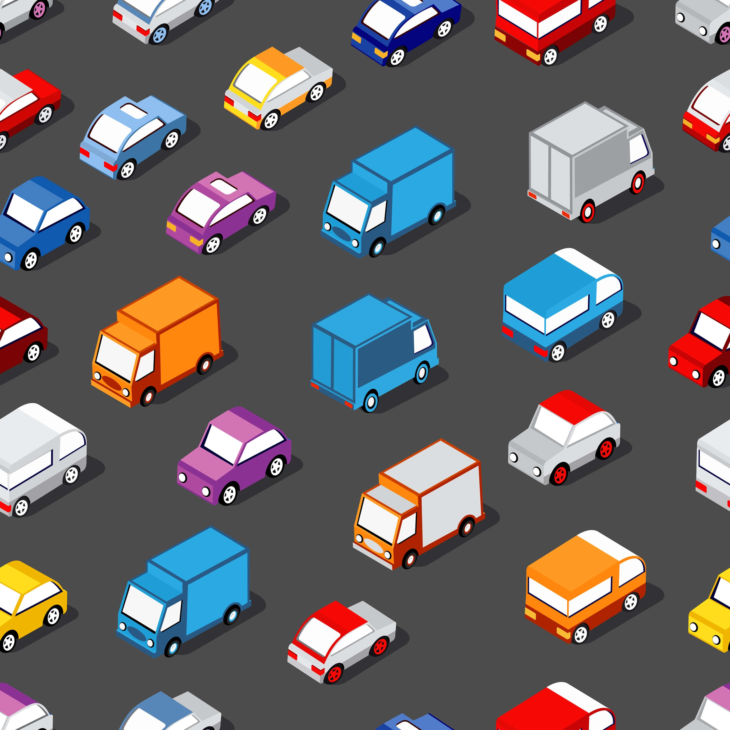 Car Pattern 桌布 壁紙 — 灰色路面上色彩繽紛的卡通汽車和卡車的立體等角圖案。