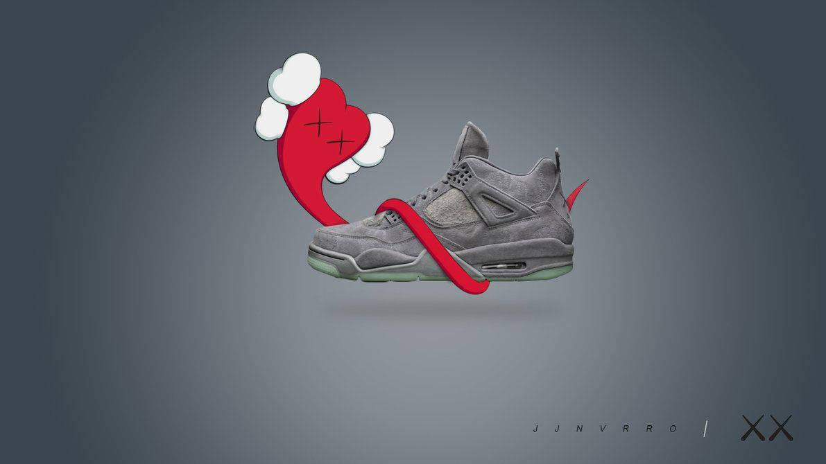KAWS x Air Jordan 壁紙 — 灰色運動鞋，旁邊漂浮著紅色卡通心形和絲帶，背景為漸變灰色。