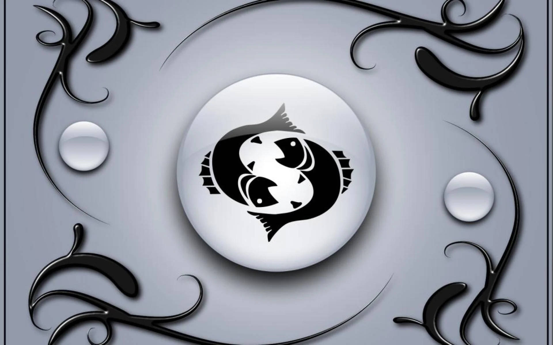 灰色雙魚座星座符號 壁紙 — 一個時尚的黑白陰陽魚符號，位於銀色球體中央，周圍環繞著華麗的漩渦圖案。